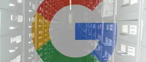 Google logo superimposed over a stack of filing cabinets