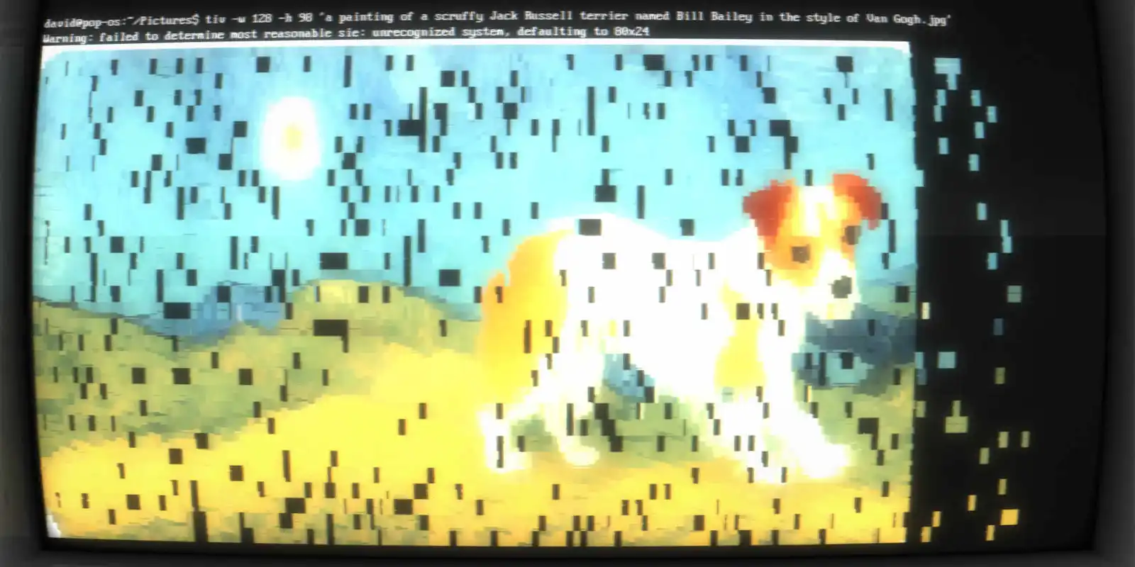 Glitchy image of a Jack Russel on an emulated DOS terminal