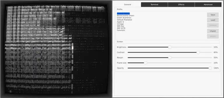 Split screen with tuning settings for Cool Retro Term