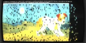 Glitchy image of a Jack Russel on an emulated DOS terminal