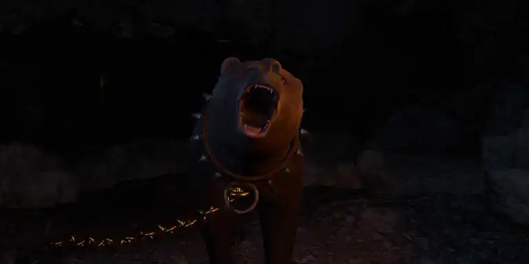 A bear wearing a chain and roaring
