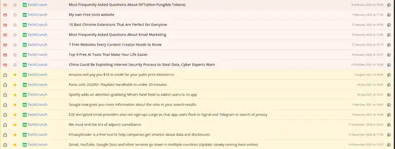 TechCrunch feeds as viewed in FreshRSS