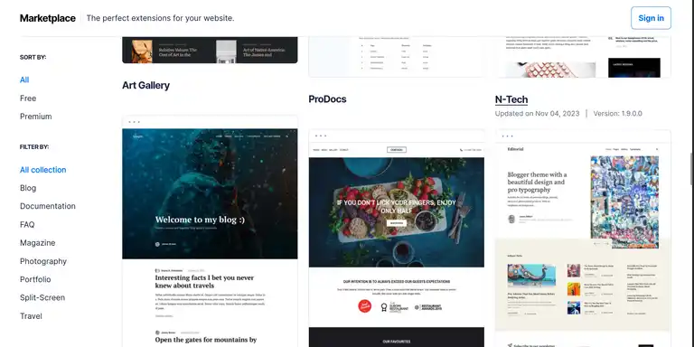 Publii marketplace with a collection of themes
