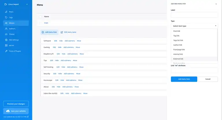 Creating and editing menus with Publii