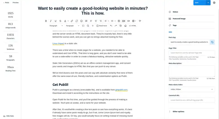 The Publii wysiwyg editor showing the content of this article
