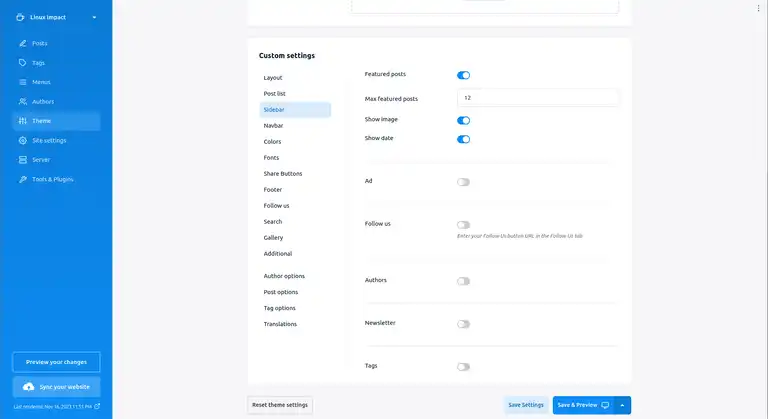 Publii custom settings for themes
