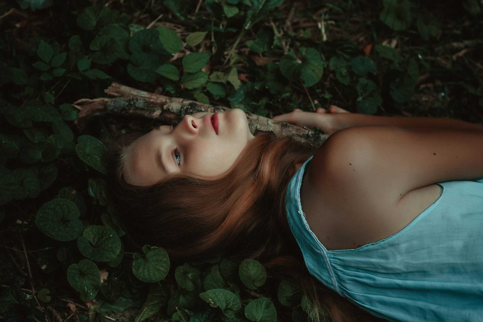 A woman clinging peacefully to the underside of a tree branch