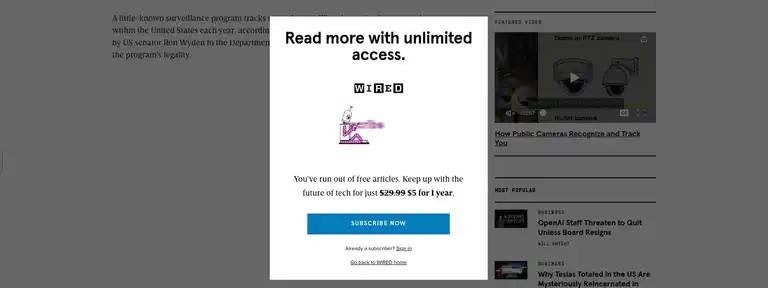 Paywall blocking content on Wired