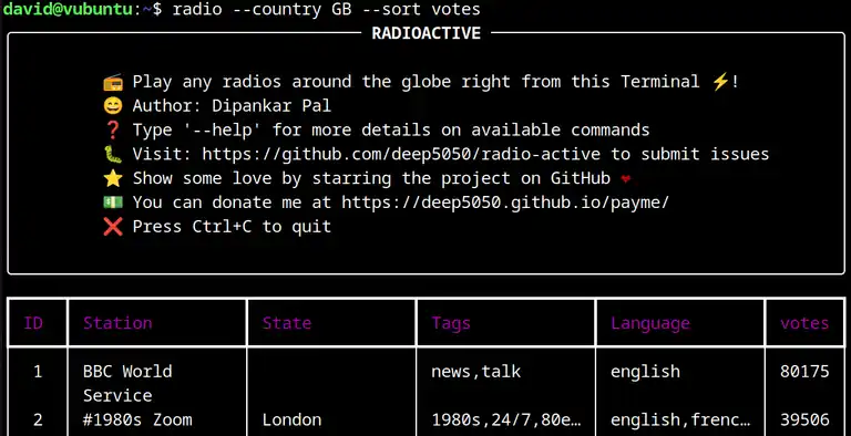 Radio-active TUI showing stations