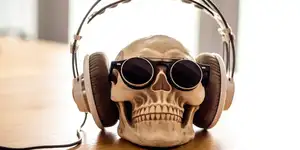 A human skull wearing headphones