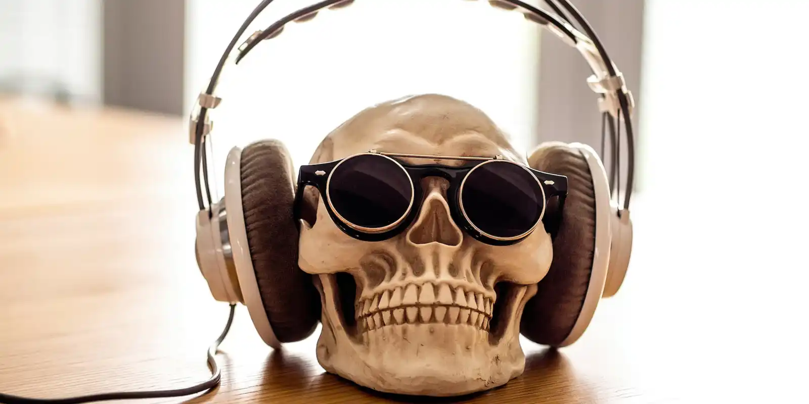 A human skull wearing headphones