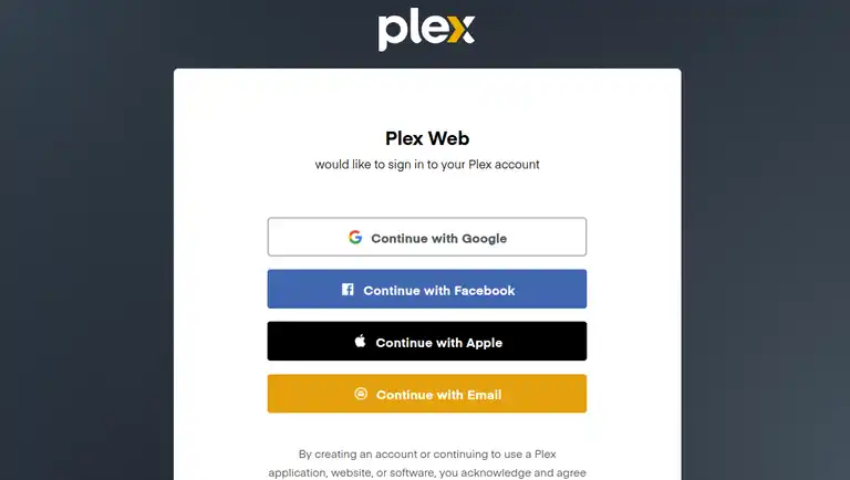 Plex account creation screen