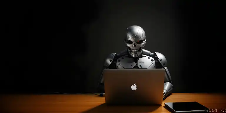 AI-generated image of a terminator-style robot using a mac