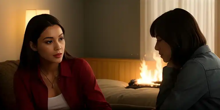 AI-generated image of two women talking earnestly, while a bed is on fire in the background