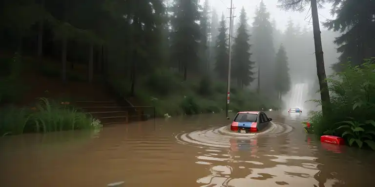 AI-generated image of a car driving through a river of filth