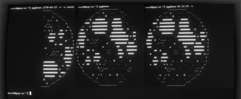 Three renderings of the moon via pyphoon in the Linux terminal