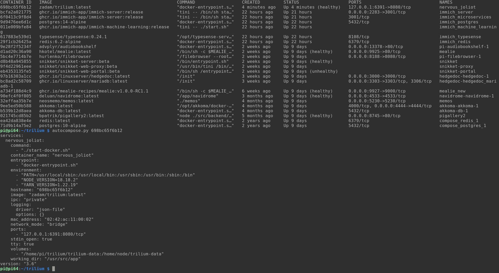 Output of the commands docker ps and autocompose.py