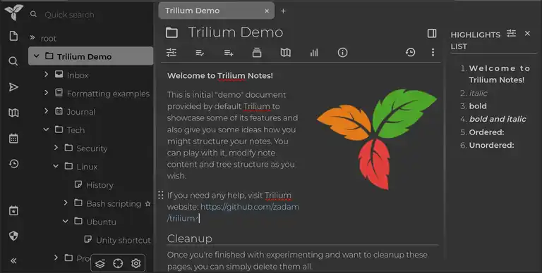 Trilium notes interface