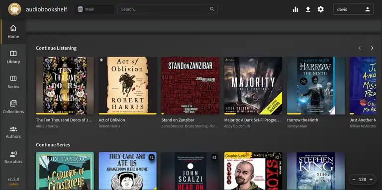 Audiobookshelf default view showing books in progress and yet to be read