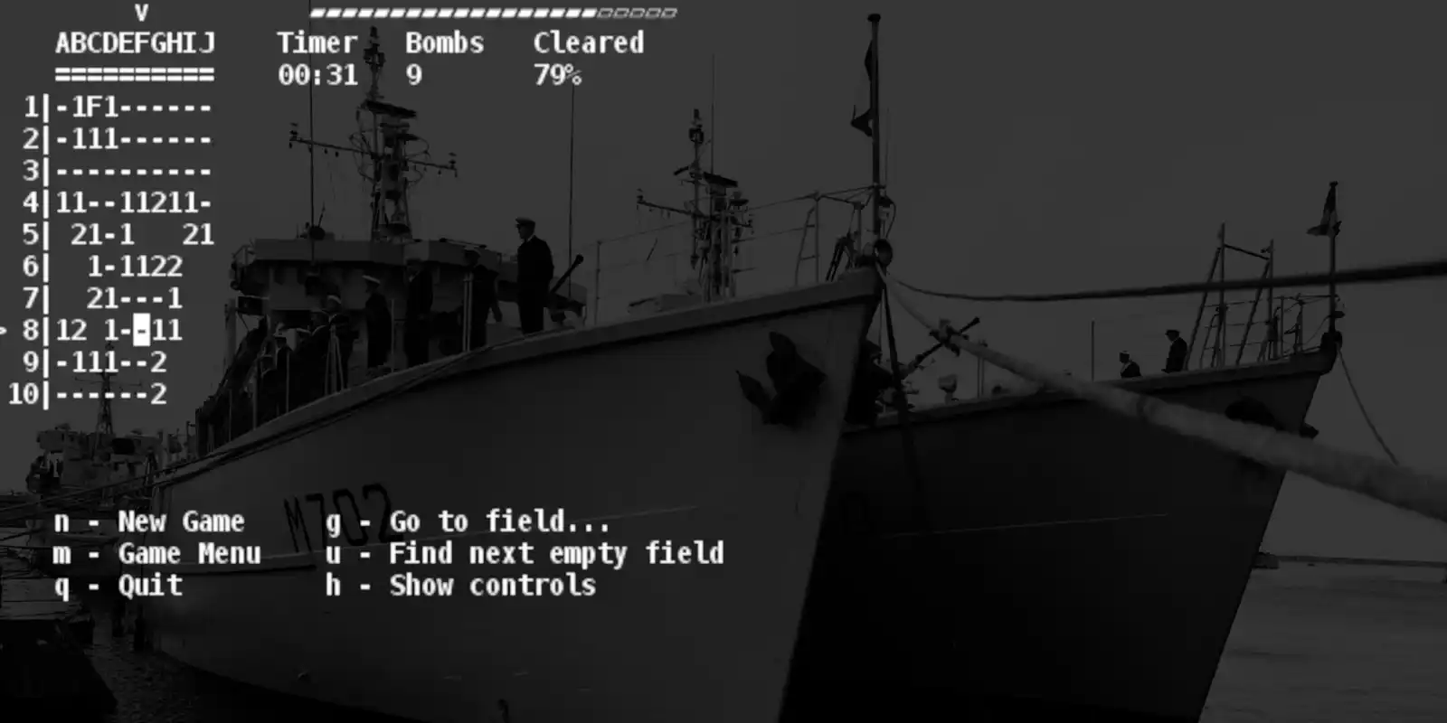 Black and white photo of two ships overlaid with tui-mines interface