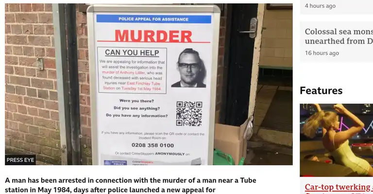 Screenshot of a BBC story. The image is of a police appeal for witnesses and prominently features a qr code