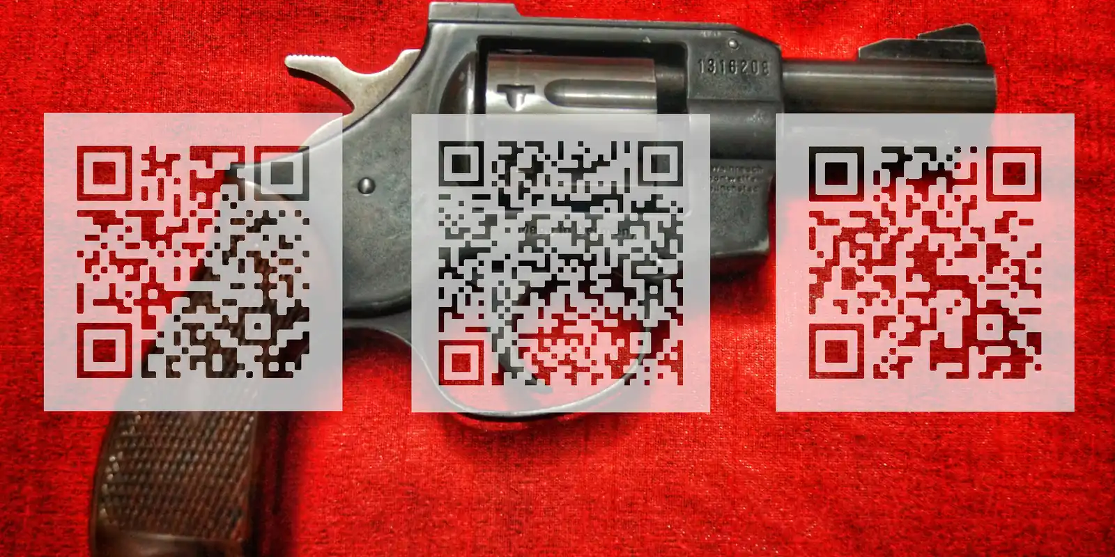 Three QR codes semi-transparent against a snub-nosed revolver on a red background