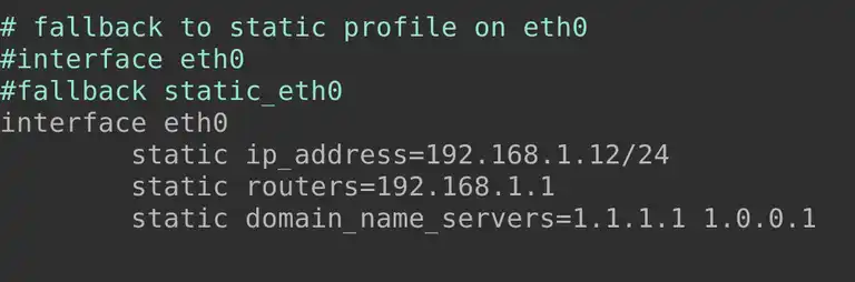 Content of the dhcpcd conf file showing static addresses