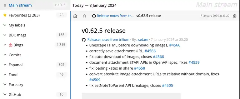 RSS feed of Trilium releases viewed in FreshRSS