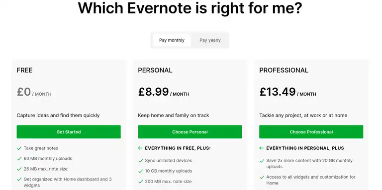 Evernote plans ranging from free to 13.49 per month
