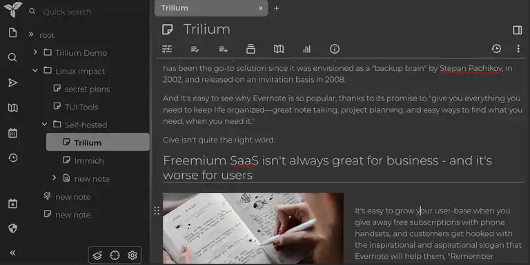 Trilium web interface with the text of this article and an H2 image
