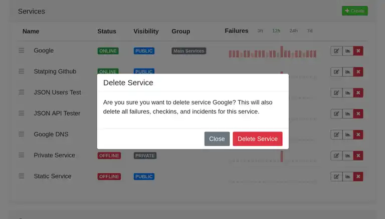Statping showing a dialog box asking if we want to delete the Google service