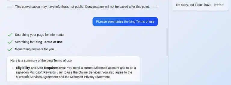 Faulty Copilot summarised TOS for BIng