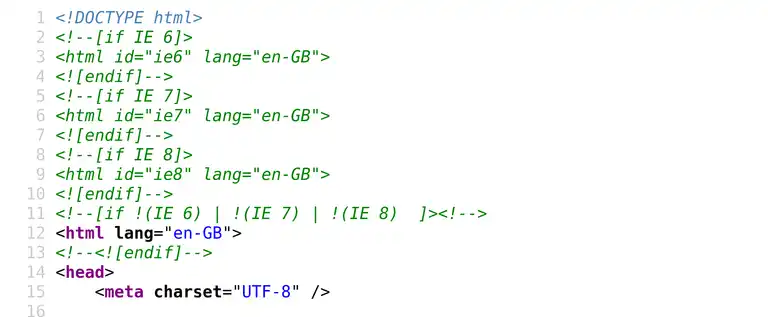 source of a web page with options for different versions of Internet explorer