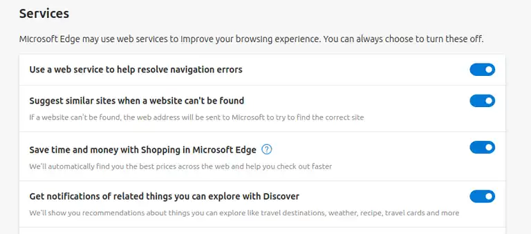 A selection of Microsoft services to which edge sends your data