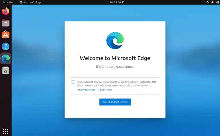 The edge splash page against a blue background with "it's time to expect more in large text" There is an unticked checkbox