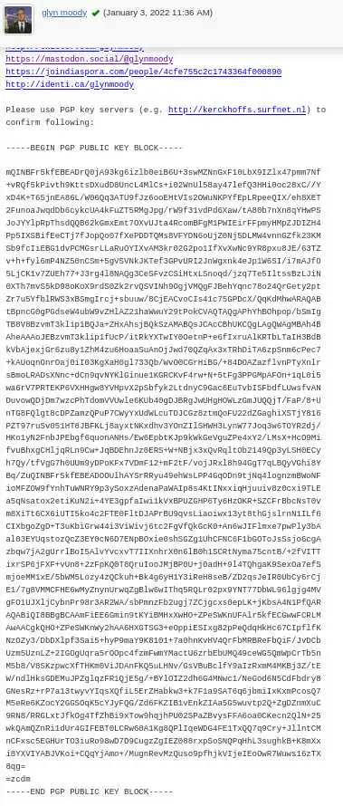 Email client showing PGP key