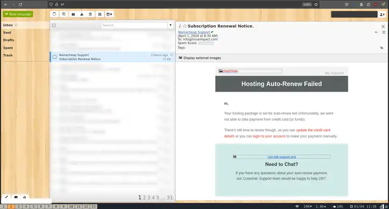 Webmail showing an email purportedly from namecheap