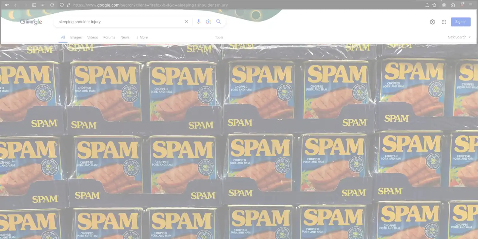 Google search result page overlaid with cans of spam