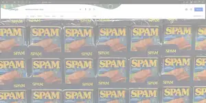 Google search result page overlaid with cans of spam