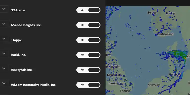The right half of the image is a weather map of he UK, while the left portion is a section of a list of so-called vendors with a toggle switch for each