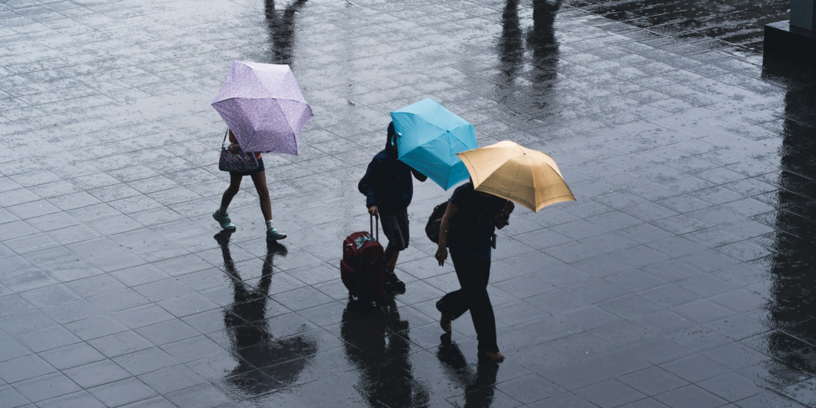People walking in the rain under coloured umbrellas