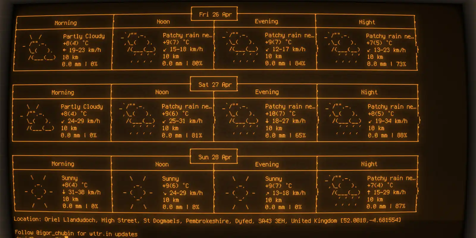 Weather forecast displayed in cool retro term