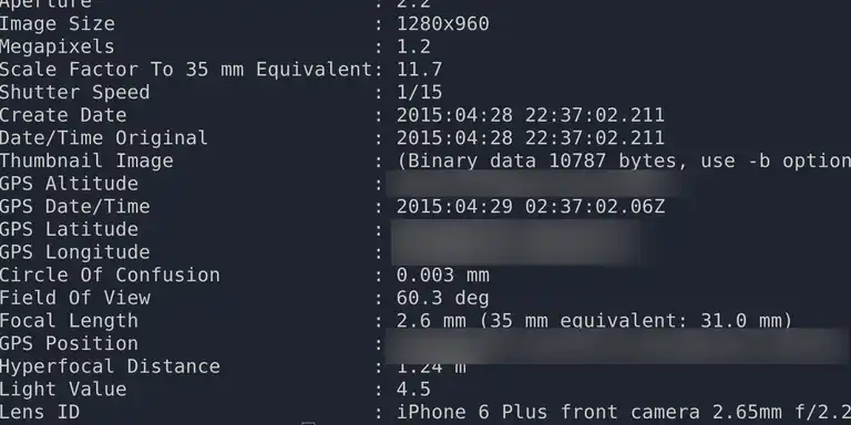 exiftool terminal output with GPS data redacted by blur