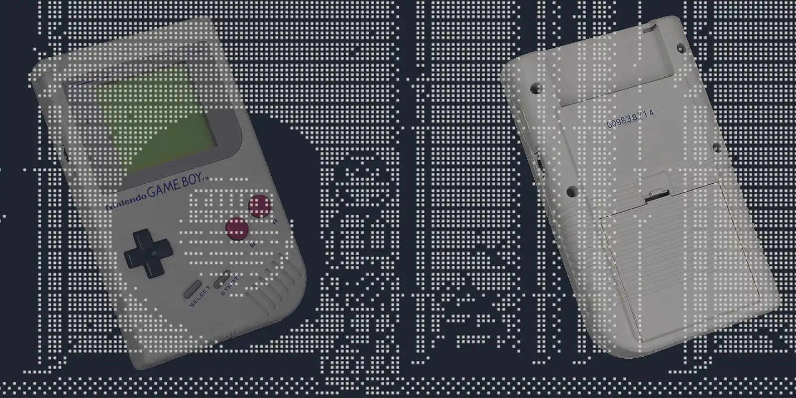 Teenage mutant ninja terminal gameboy action in the Linux terminal overlaid with front and back images of a first gen game boy