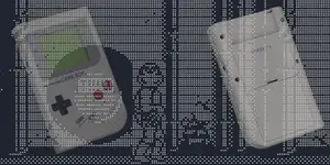 Teenage mutant ninja terminal gameboy action in the Linux terminal overlaid with front and back images of a first gen game boy