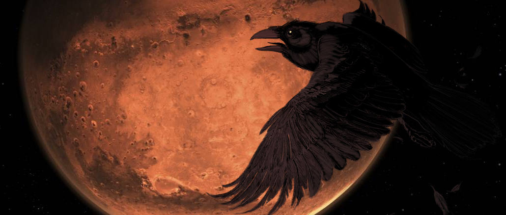 A crow in flight against the backdrop of a red planet