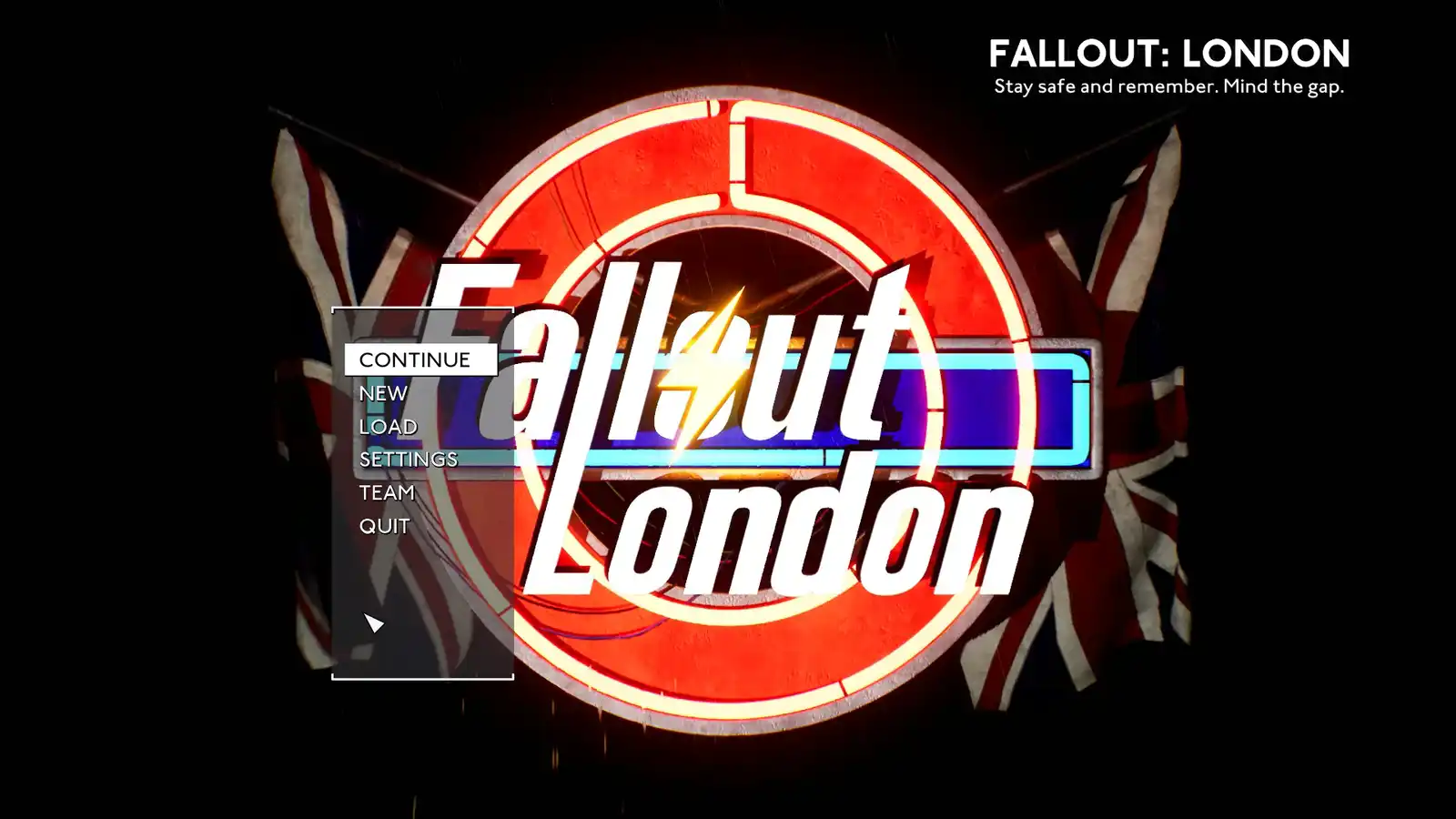 Fallout London menu showing a neon London underground sign