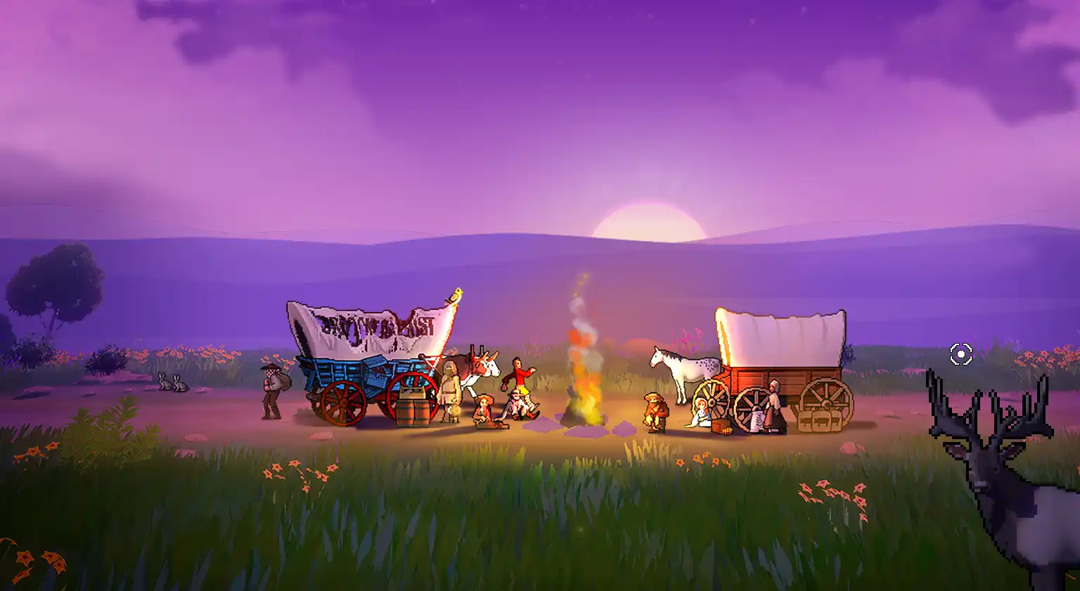 Two covered wagons under a purple sky with campfire