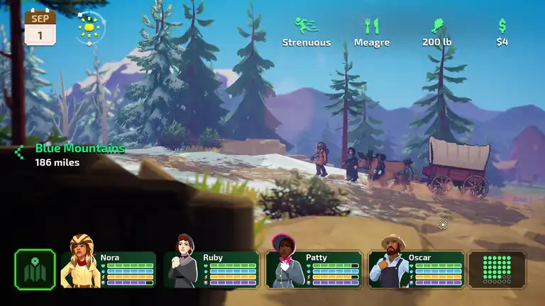 Oregon Trail party with four member heading uphill into snow. There is a rock in the foreground