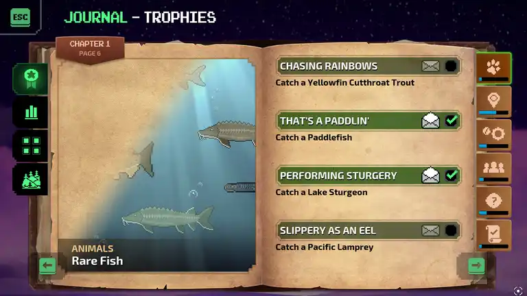 Oregon Trail journal showing rare fish caught